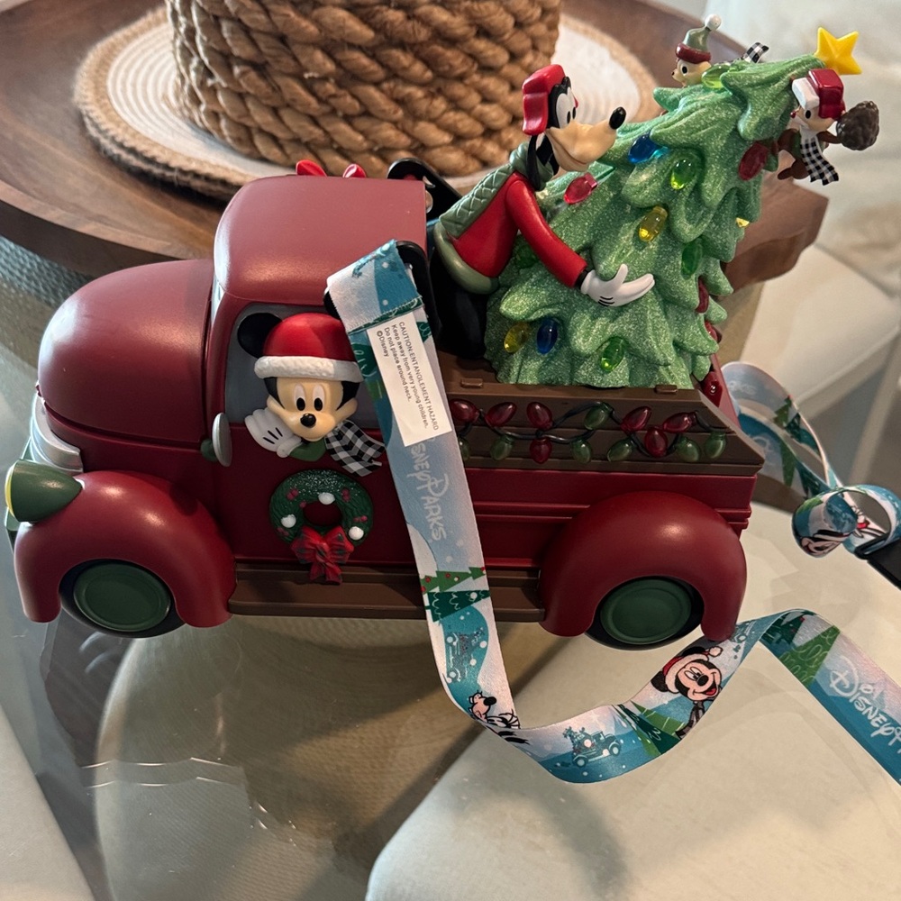 Disney Red Truck with Mickey and Goofy Christmas Scene light up pop corn bucket
